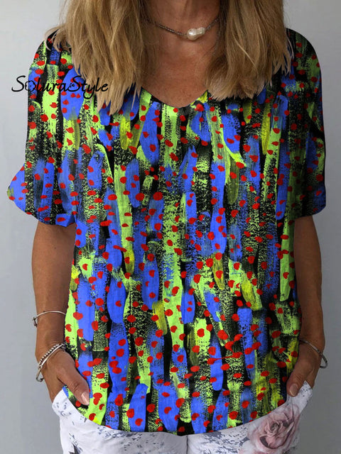 Women’s Abstract Colorful Art Print Casual Cotton And Linen Shirt Multicolor / S