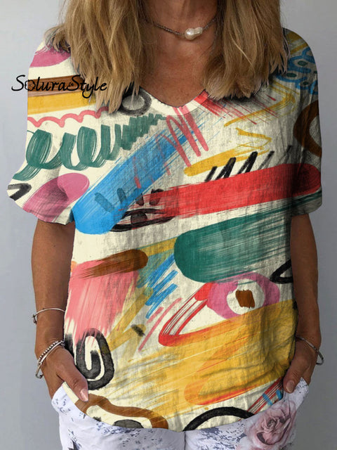 Women’s Abstract Colorful Art Print Casual Cotton And Linen Shirt Multicolor / S