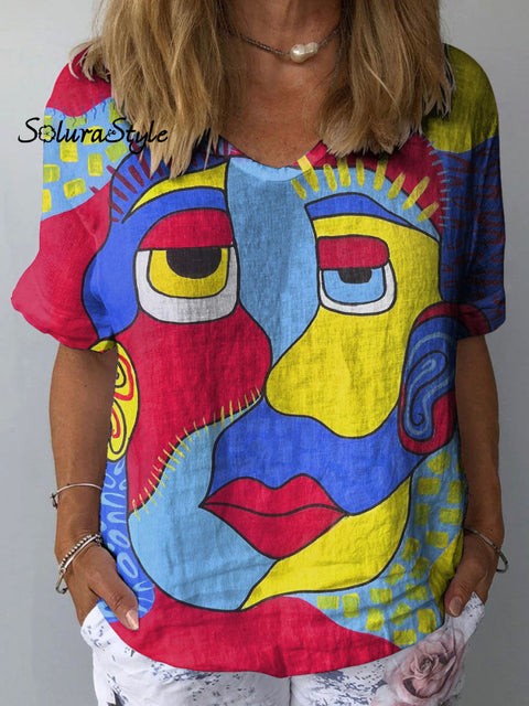 Women’s Abstract Colorful Art Print Casual Cotton And Linen Shirt Multicolor / S