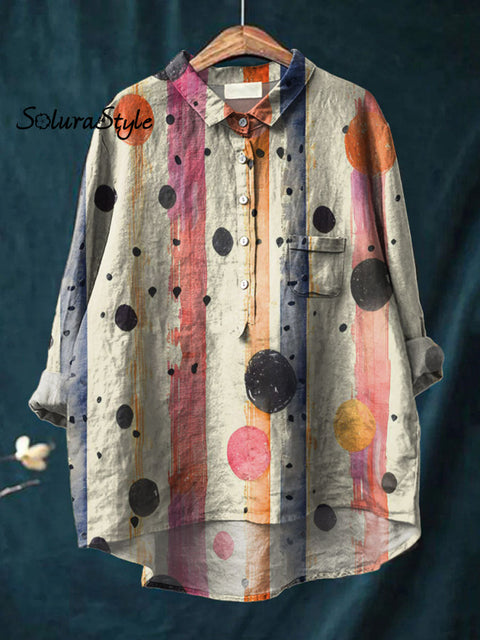 Women’s Abstract Colorful Dots Art Print Casual Cotton And Linen Shirt Multicolor / S