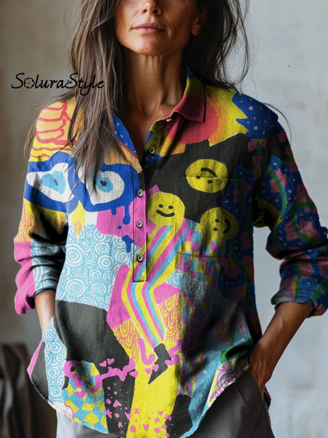 Women’s Abstract Colorful Smiley Face Art Print Casual Cotton And Linen Shirt Multicolor / S