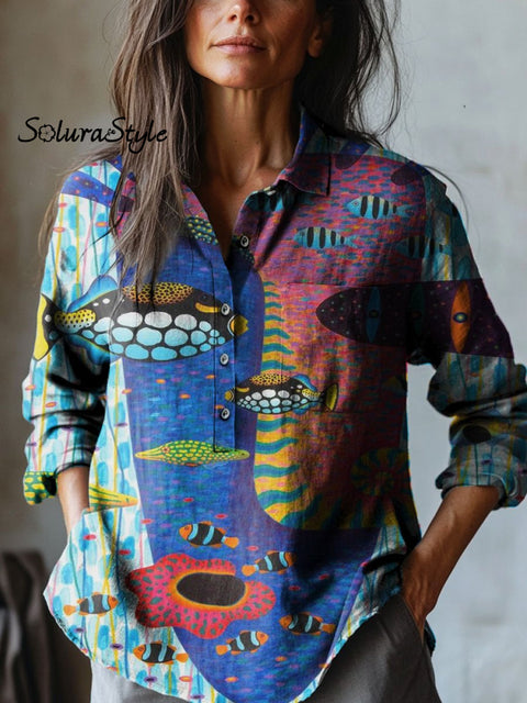 Women’s Abstract Face Pattern Art Print Casual Cotton And Linen Shirt Multicolor / S