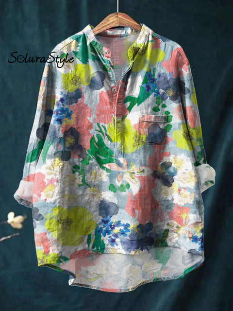 Women’s Abstract Flower Art Print Casual Long Sleeve Comfortable Cotton Shirt Multicolor / S