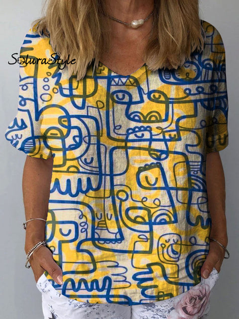 Women’s Abstract Geometric Art Print Casual Cotton And Linen Shirt Multicolor / S