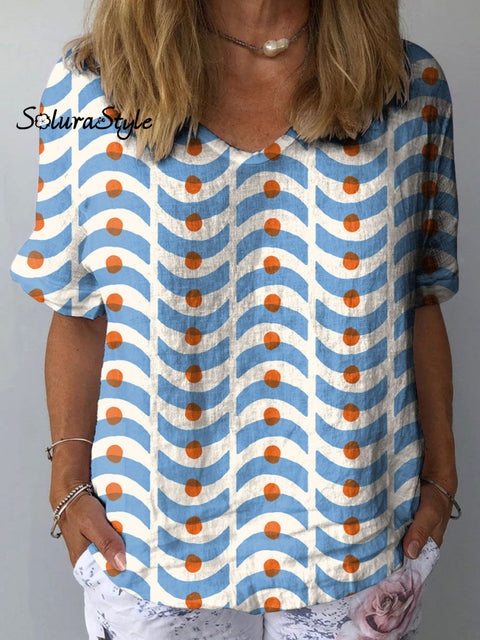 Women’s Abstract Geometric Art Print Casual Cotton And Linen Shirt Multicolor / S