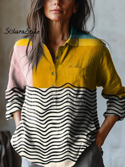 Women’s Abstract Geometric Line Pattern Art Print Casual Cotton And Linen Shirt Yellow / S