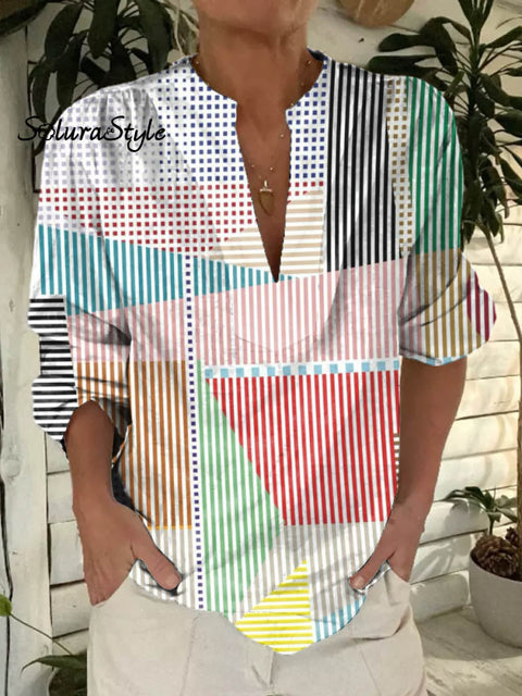 Women’s Abstract Geometric Line Pattern Art Print Casual Short Sleeve Comfortable Cotton Shirt Multicolor / S