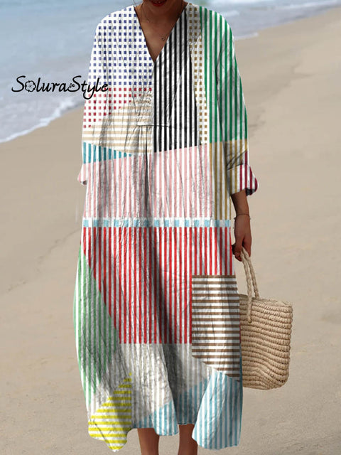 Women’s Abstract Geometric Line Pattern Art Print Cotton Dress Multicolor / S