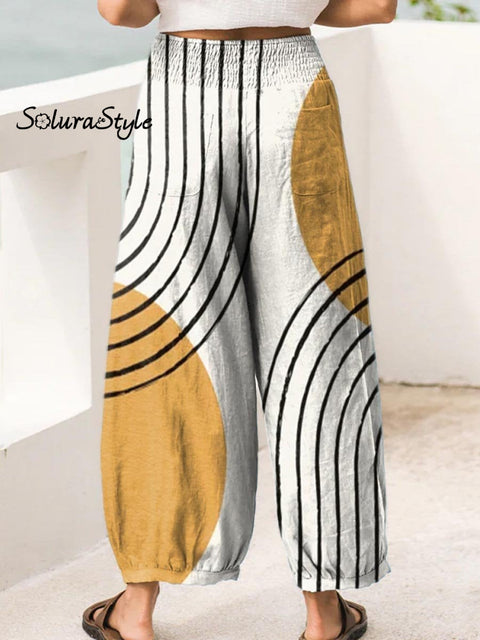 Women’s Abstract Geometric Line Pattern Art Print Cotton Wide Leg Pants
