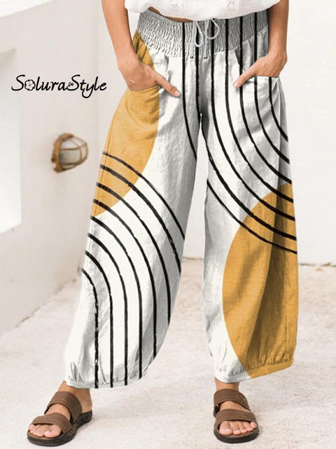 Women’s Abstract Geometric Line Pattern Art Print Cotton Wide Leg Pants Multicolor / S