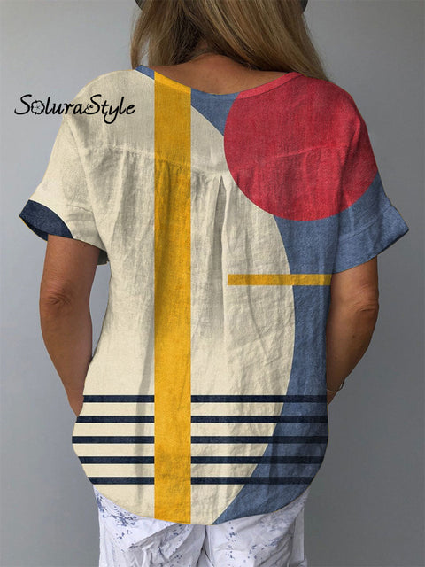 Women’s Abstract Geometric Pattern Art Print Casual Cotton And Linen Shirt
