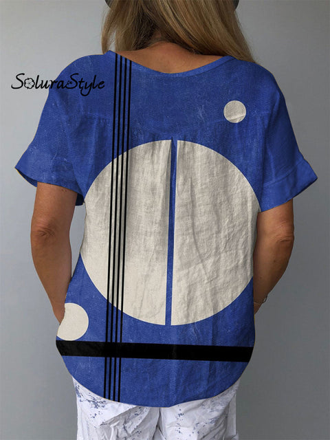 Women’s Abstract Geometric Pattern Art Print Casual Cotton And Linen Shirt