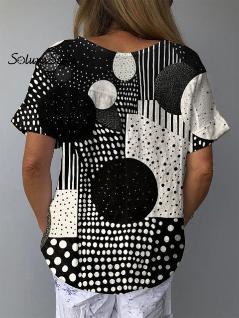Women’s Abstract Geometric Pattern Art Print Casual Cotton And Linen Shirt