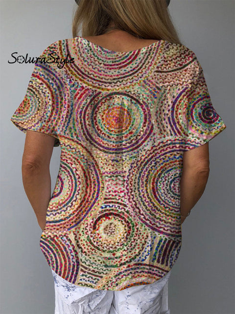 Women’s Abstract Geometric Pattern Art Print Casual Cotton And Linen Shirt