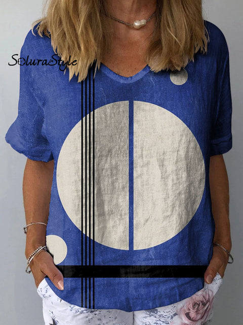 Women’s Abstract Geometric Pattern Art Print Casual Cotton And Linen Shirt Multicolor / S