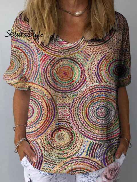 Women’s Abstract Geometric Pattern Art Print Casual Cotton And Linen Shirt Multicolor / S