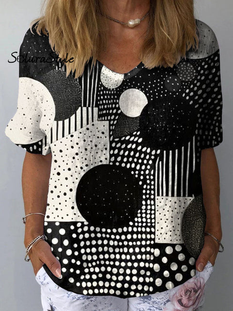 Women’s Abstract Geometric Pattern Art Print Casual Cotton And Linen Shirt Multicolor / S