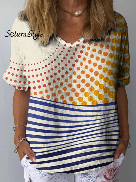 Women’s Abstract Geometric Pattern Art Print Casual Cotton And Linen Shirt Multicolor / S