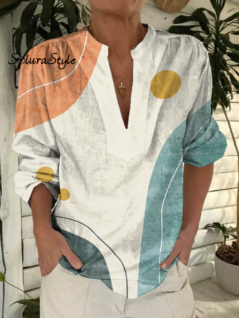 Women’s Abstract Geometric Pattern Art Print Casual Short Sleeve Comfortable Cotton Shirt Multicolor / S