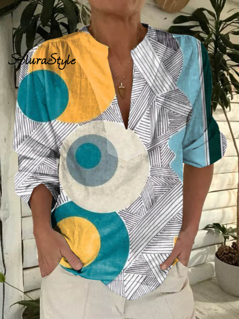 Women’s Abstract Geometric Pattern Art Print Casual Short Sleeve Comfortable Cotton Shirt Multicolor / S