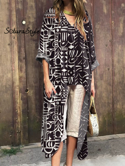 Women’s Abstract Geometric Pattern Art Print Short Front And Long Back V-Neck Top Multicolor / S