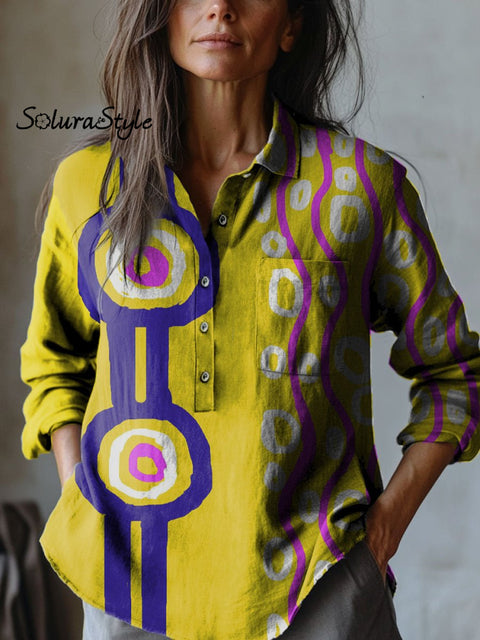 Women’s Abstract Geometric Wave Art Print Casual Cotton And Linen Shirt Multicolor / S