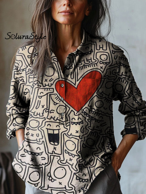 Women’s Abstract Heart Shape Childlike Art Print Casual Cotton And Linen Shirt Multicolor / S
