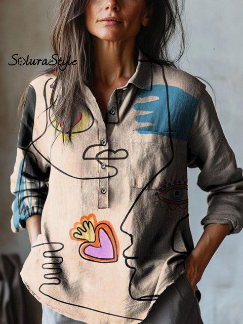 Women’s Abstract Line Art Print Casual Cotton And Linen Shirt Multicolor / S