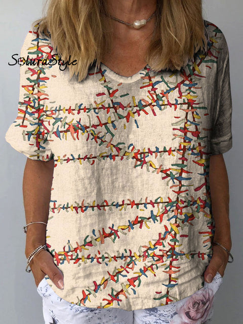 Women’s Abstract Line Color Block Art Print Casual Cotton And Linen Shirt Multicolor / S