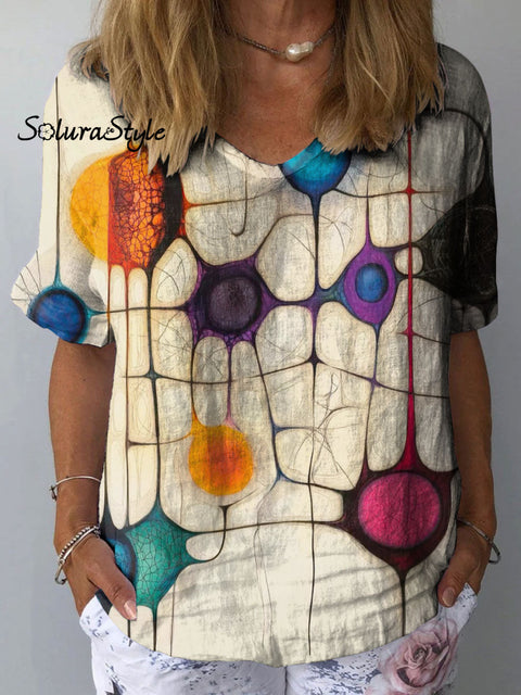 Women’s Abstract Neuron Art Print Casual Cotton And Linen Shirt Multicolor / S