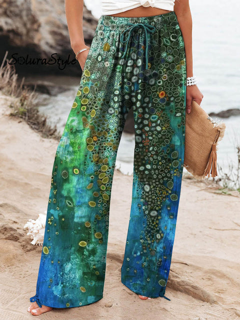 Women’s Abstract Ocean Pattern Art Printed Cotton And Linen Casual Pants Multicolor / S