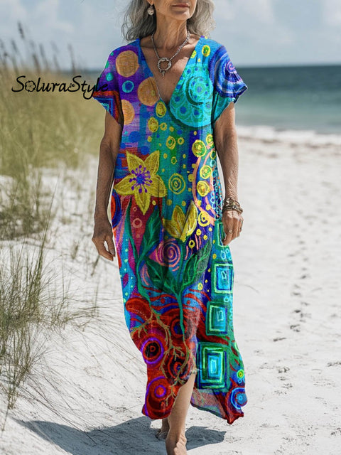 Women’s Abstract Painting Art Print Pocket Cotton Dress Multicolor / S