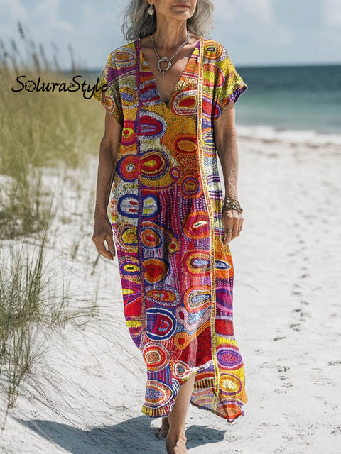 Women’s Abstract Painting Art Print Pocket Cotton Dress Multicolor / S