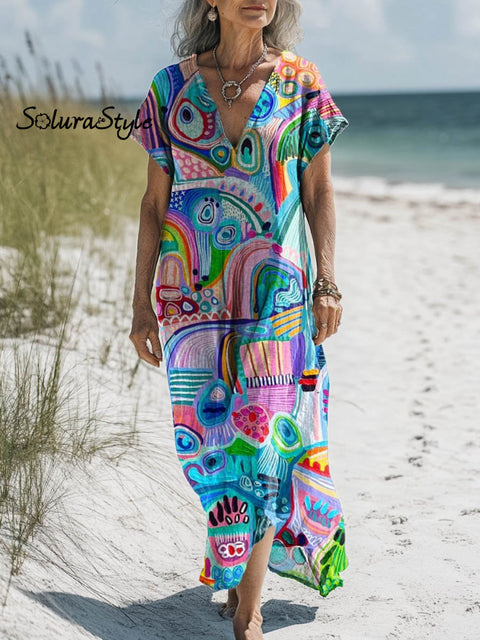 Women’s Abstract Painting Art Print Pocket Cotton Dress Multicolor / S