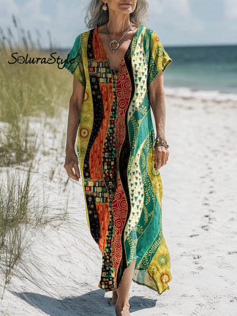 Women’s Abstract Painting Art Print Pocket Cotton Dress Multicolor / S