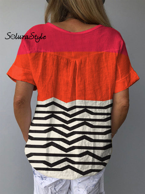 Women’s Abstract Pattern Art Print Casual Cotton And Linen Shirt