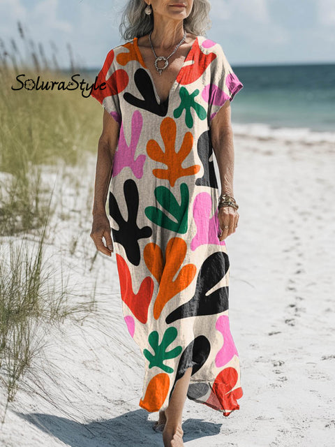Women’s Abstract Pattern Art Print Pocket Cotton Dress Multicolor / S