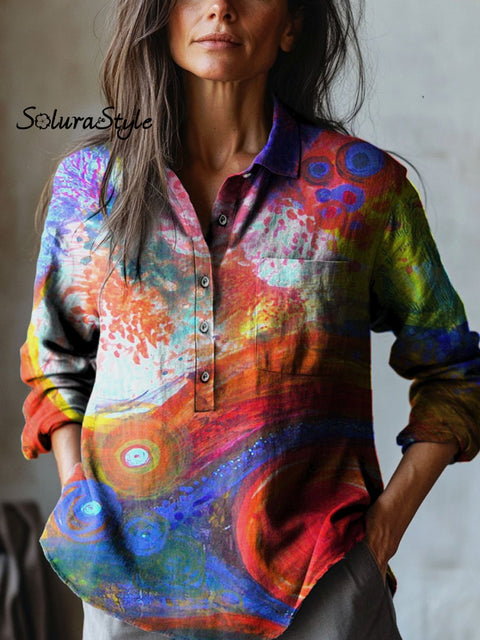 Women’s Abstract Rendering Color Art Print Casual Cotton And Linen Shirt Multicolor / S