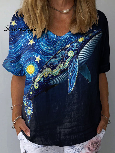 Women’s Abstract Sea Whale Art Print Casual Cotton And Linen Shirt