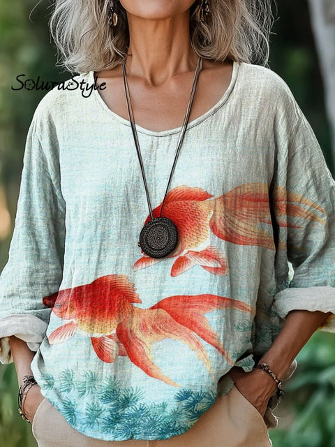 Women’s Abundance Goldfish Art Print Casual Cotton And Linen Shirt Multicolor / S
