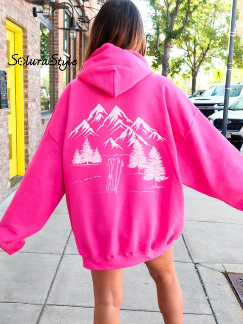 Women’s Apres Ski Pattern Art Print Casual Hoodie Sweatshirt Pink / S