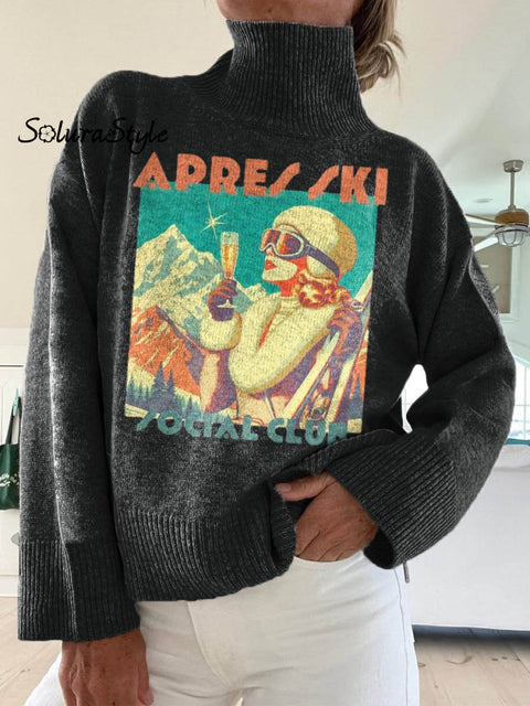 Women’s Apres Ski Social Club Pattern Art Print Knit Turtleneck Pullover Sweater Black / S
