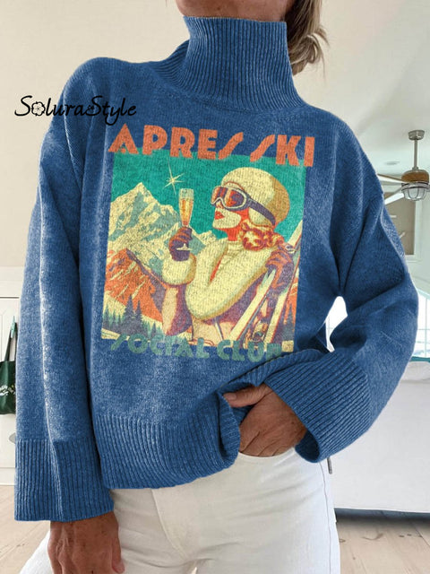 Women’s Apres Ski Social Club Pattern Art Print Knit Turtleneck Pullover Sweater Blue / S