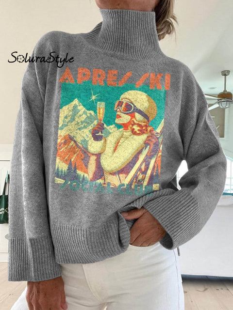 Women’s Apres Ski Social Club Pattern Art Print Knit Turtleneck Pullover Sweater Grey / S