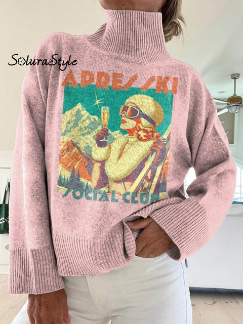 Women’s Apres Ski Social Club Pattern Art Print Knit Turtleneck Pullover Sweater Pink / S