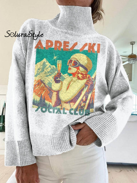 Women’s Apres Ski Social Club Pattern Art Print Knit Turtleneck Pullover Sweater White / S