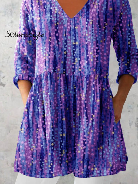 Women’s Art Color Dot Print V-Neck Cotton and Linen Top