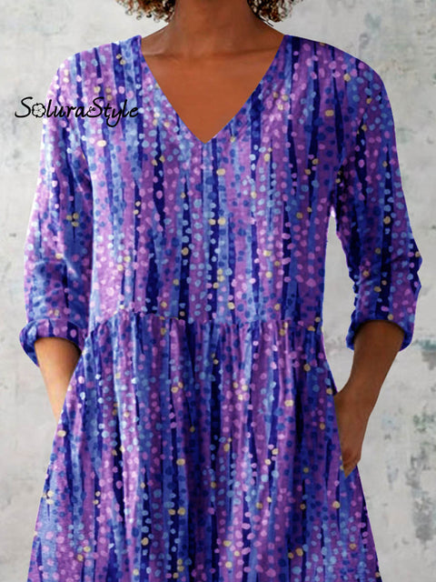 Women’s Art Color Dot Print V-Neck Cotton and Linen Top