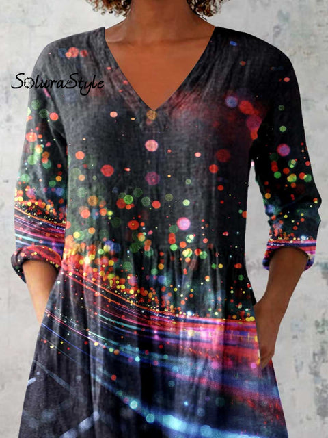Women’s Art Color Dot Print V-Neck Cotton and Linen Top