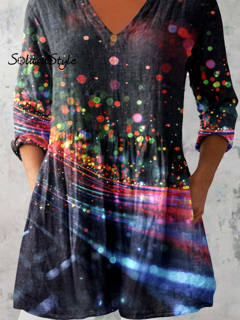 Women’s Art Color Dot Print V-Neck Cotton and Linen Top